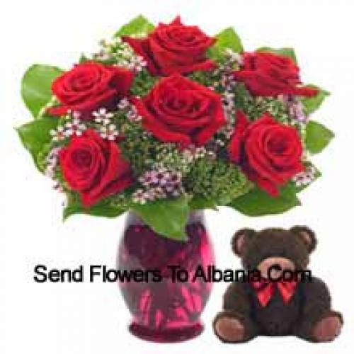 7 Red Roses with Cute 14 Inch Teddy