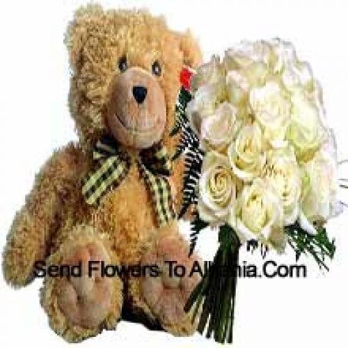 19 Witte Rozen met 14 Inch Teddy