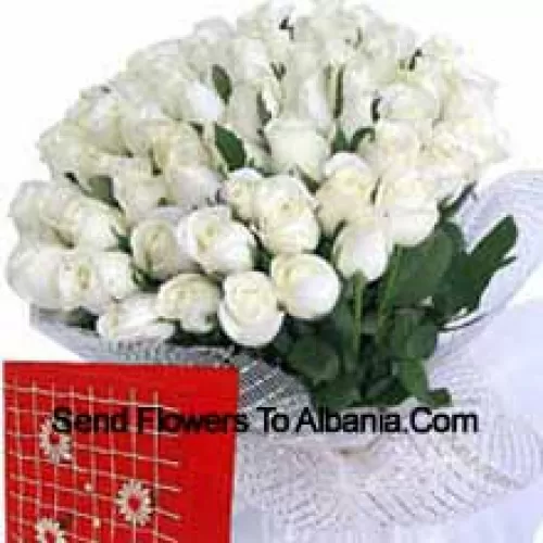 Cesta de 101 Rosas Brancas com um Cartão de Cumprimentos Gratuito