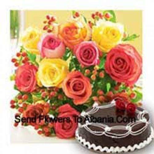 11 Mixed Roses with Yummy Chocolate Cake