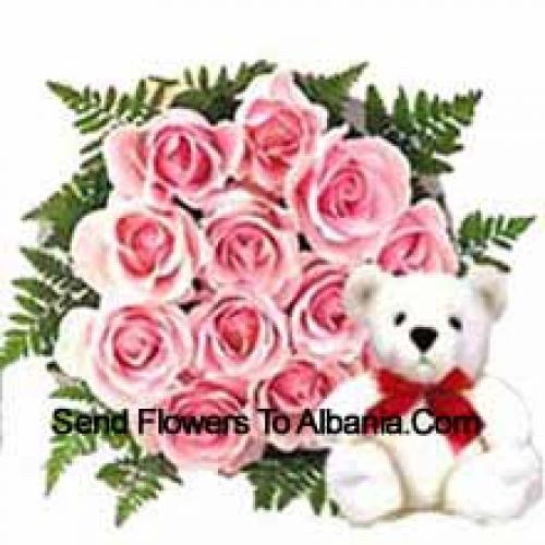 11 Roze Rozen met Schattige Teddybeer