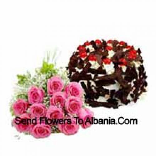 11 Pink Roses with Tasty Chocolate Crisp Cake